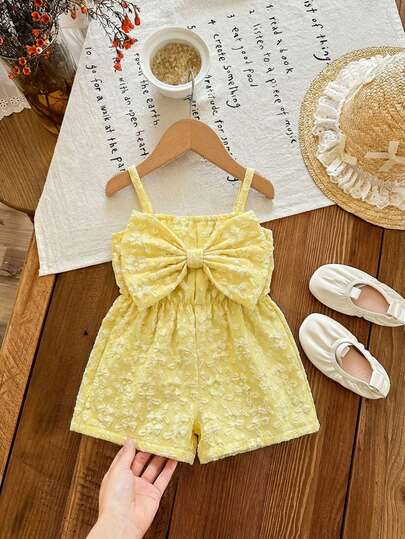 SHEIN LMoss Kids Babygirl Cute Casual Summer Blue & White Striped Bow Decor Camisole Romper