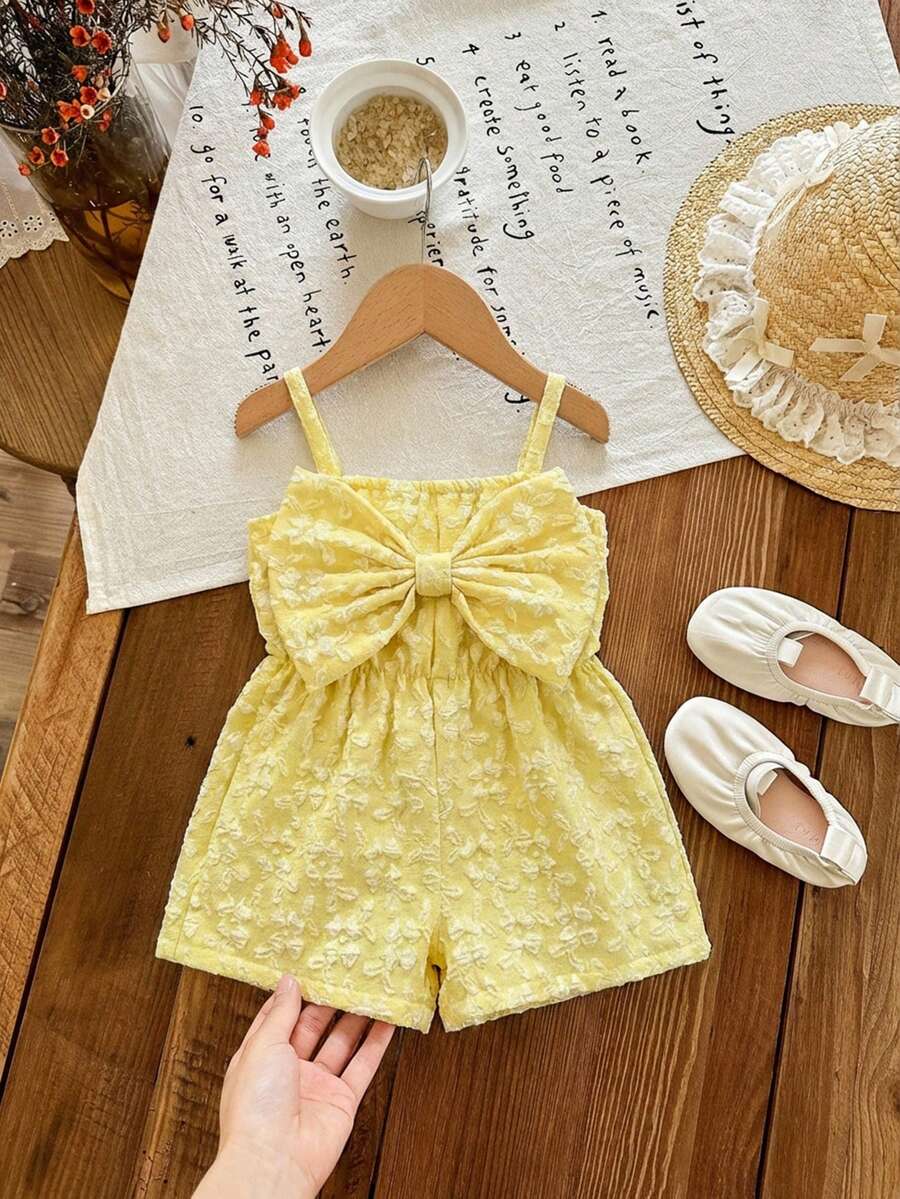 SHEIN LMoss Kids 女婴可爱休闲夏季蓝白条纹蝴蝶结装饰吊带连体衣 - 彩色 - 查看 1