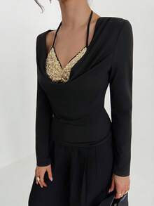 RiviMae 春季旅行、日常、派对、通勤针织拼接金色亮片露背二合一T恤 - 黑色 - 查看 4