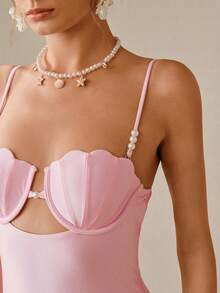 Swim Oasis 2pcs Solid Color Swimsuit Set, Shell Design Push Up Semi-Sheer Cover-Up Monokini Swimsuit, Summer - Pink - View 5