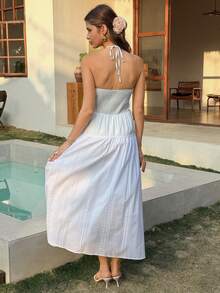 Livesso Beach Party Holiday Outfit Summer 100% Cotton White Halter Midi Dress For Women - Beige - View 2