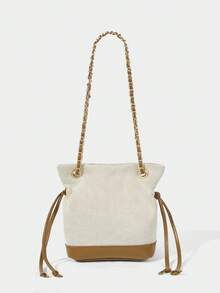 SHECARRY Ladies Exquisite Vacation Shoulder Bag, Fashion Chain Bag Commuter Shoulder Crossbody Stray Bucket Bag - Brown Beige Canvas + Brown PU - View 3