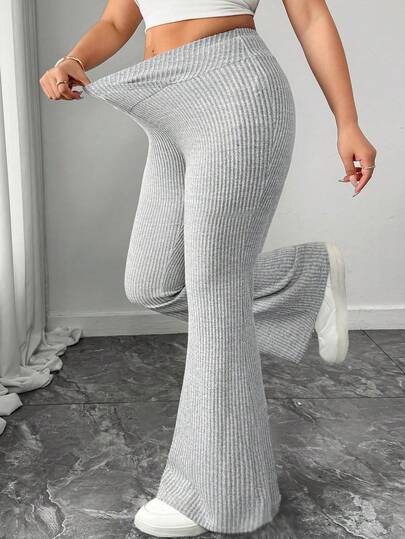 Elenzga Plus Size Women's Simple V-Neck High Waist Solid Color Ribbed Knit Flare Pants, Suitable For Sports, Home, Outdoor Running And Other Casual Occasions Flared Sweatpants Knit Pants