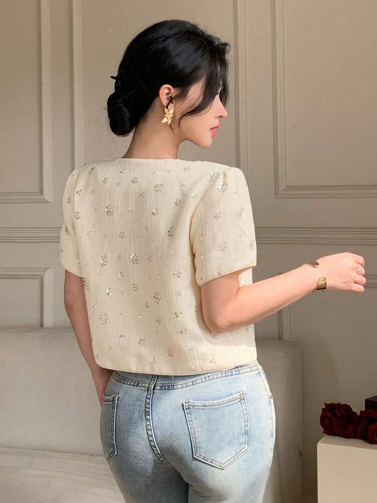 Women's Elegant Sequin V-Neck Faux Pocket Petal Sleeve Blazer Jacket, Summer