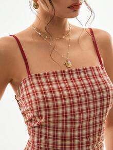 Poéselle Women's Summer Casual Plaid Patchwork Spaghetti Strap Mini Dress - Multicolor - View 3