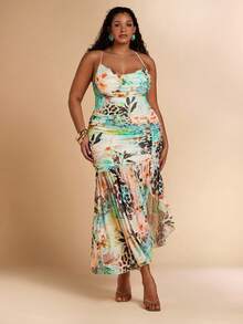 SHEIN BAE 大码女式夏季沙滩度假开衩褶皱吊带连衣裙 - 彩色 - 查看 3