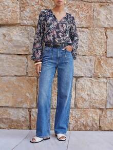 Maija Navy Blue Paisley Pattern Ruffle Hem Loose Vacation Blouse For Women Beach Outfits Beach Outfits Boho Blouses Silk Blouse Floral Blouse Women Blouses Summer Spring Summer Paisley Print Blouse Boho Shirt - Multicolor - View 7