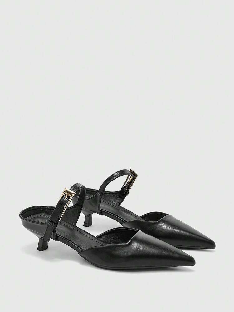 CUCCOO BIZCHIC Pointed Toe Commuter Black Kitten Heel Slip-On Pumps, Versatile Daily Work High Heels For Women Spring Shoes