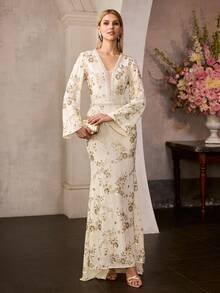 MOTF Soiréza Đầm cocktail tay chuông xòe rộng, đính sequin và hạt cườm, kiểu đuôi cá, thanh lịch, thích hợp cho mùa xuân/hè. - Màu be - Xem 7