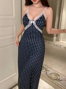 DAZY Summer Polka Dot Print Contrast Color Lace Patchwork Cinched Waist Maxi Nightgown For Women Pajamas - Navy Blue - View 6