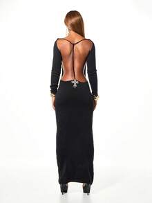 SUMWON WOMEN Distressed Knitted Maxi Dress Long Sleeve Open Back Bodycon Evening Dress With Cut Out Details And Cross Embellishment For Party Occasions - Black - View 3