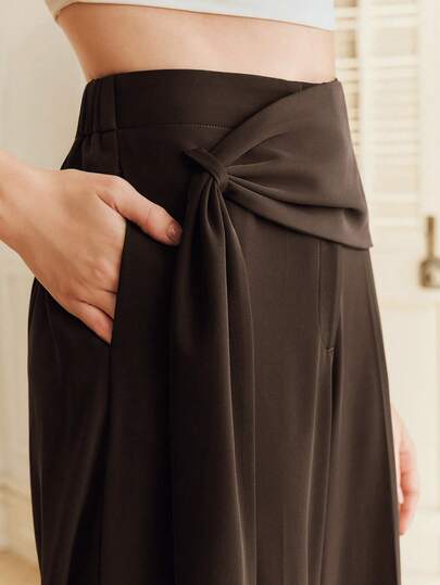 Anewsta Commuting Casual High Waist Flared Ribbon Design Straight Leg Women's Suit Pants