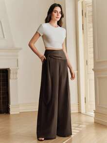 Anewsta Commuting Casual High Waist Flared Ribbon Design Straight Leg Women's Suit Pants - Brown - View 7