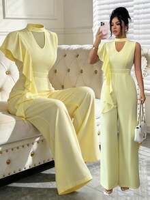 SHEIN Elenzya Bộ jumpsuit nữ dáng suông, cổ lệch vai, eo khoét rỗng, cổ bèo nhún, ống rộng, thanh lịch, thích hợp mặc hàng ngày, đi nghỉ mát, phong cách Pháp thường ngày, đi làm, công sở, hẹn hò lãng mạn, không tay, màu vàng nhạt, thích hợp cho đầu xuân/xuân & hè. - Vàng nhạt - Xem 3