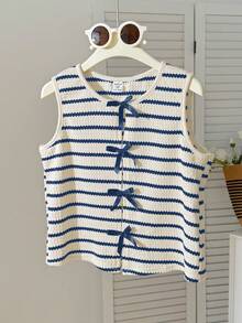 Áo tank top cổ tròn dáng casual tối giản thoải mái cho bé gái tuổi teen, kẻ sọc, trang trí nơ. - Xanh và trắng - Xem 1