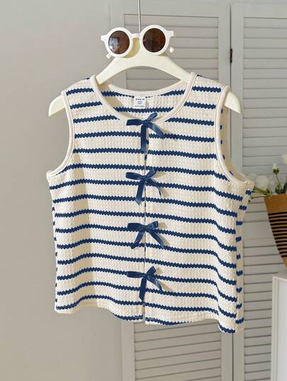 Tween Girl Casual Minimalist Comfortable Round Neck Pullover Striped Bow Decor Tank Top