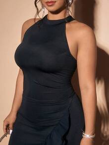Cravure Plus Size Black Maxi Dress,Halter Neck Cutout Shoulder Mermaid Hem Irregular Ruffle Trim,Elegant Formal Dinner Evening Autumn Sophisticated Date - Black - View 7