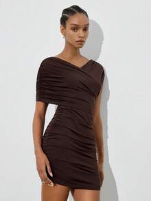 Maija 女士时尚纯色褶皱V领迷你连衣裙 - 咖啡棕 - 查看 5