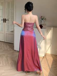 DAZY 女士优雅亮片抹胸上衣和半裙两件套，夏季 - 紫色 - 查看 2