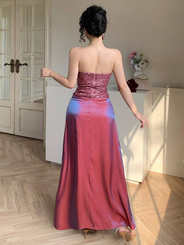 Women's Elegant Sequin Bandeau Top And Skirt 2 Pieces Set, Summer