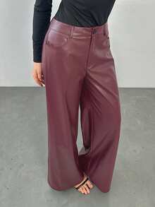 SHEIN Tall 女士酒红色皮质长裤，简约前开襟纽扣设计，日常休闲百搭，女士下装 - 酒紅色 - 查看 5
