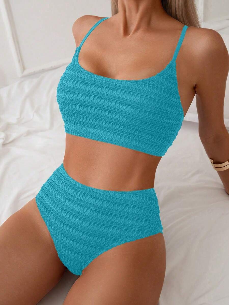 Swim Lushoire Conjunto de bikini de verano de tirantes finos y sin mangas de unicolor para mujer - Azul - Ver 1