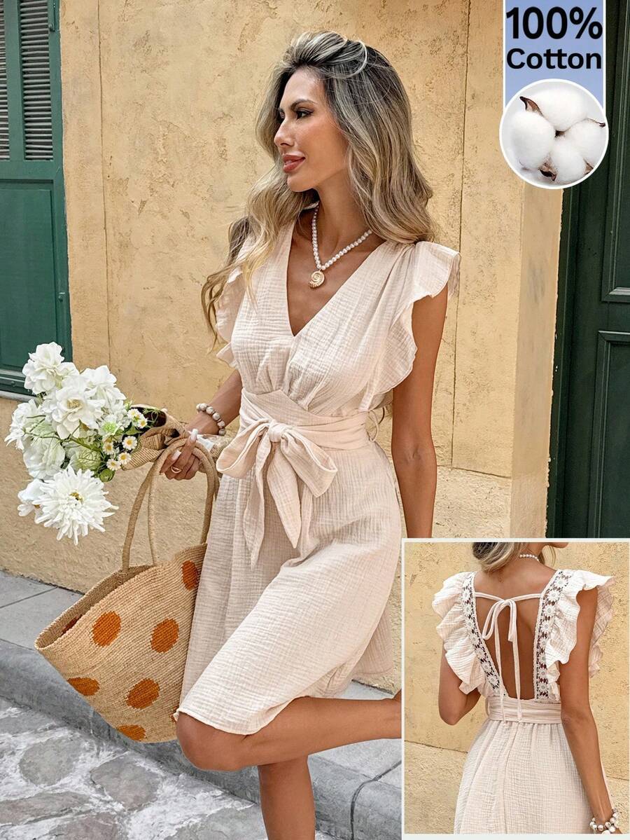 SHEIN Frenchy Đầm ngắn nữ màu trơn cổ chữ V tay ngắn hở lưng thắt eo kiểu dáng thường ngày - Màu be - Xem 1