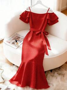 Franclia Vestido de mujer elegante y casual de verano con tirantes finos, hombros descubiertos, volantes en las mangas, cintura ceñida y bajo de cola de pez, color rojo - Rojo - Ver 1