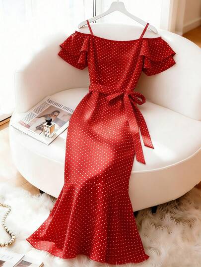 Franclia Women's Elegant Casual Daily Spaghetti Strap Off-Shoulder Ruffle Cap Sleeve Cinched Waist Fishtail Hem Dress, Red, Summer