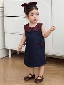 DAZY Đầm không tay cổ Peter Pan kiểu Hàn Quốc cho bé gái sơ sinh/trẻ nhỏ - Xanh đậm - Xem 7