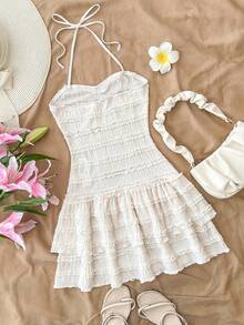 Kids Summer Tween Girls Sleeveless Textured Solid Color Spaghetti Strap Backless Layered Ruffle Hem Mini Dress,White Cute - White - View 2
