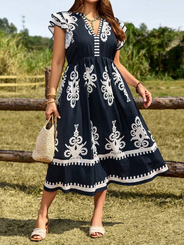 Vestido midi de manga corta con doble capa y estampado floral retro para vacaciones de mujer talla grande