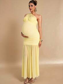 MaterniChic Pregnant Women Elegant Yellow One-Shoulder Pleated Maternity Dress,Summer Long Pregnancy Dress For Photoshoot,Baby Shower Wedding Guest Party Dress - Yellow - View 5