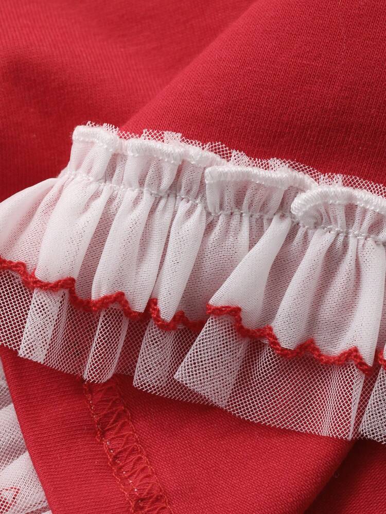 Baby Girls' Letter Print Lace Trim Patchwork Short Sleeve Top Summer