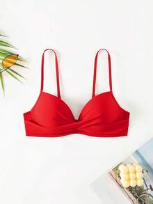 Swim Basics Women's Solid Color Wrap Around Spaghetti Strap Bikini Top - Red - View 3