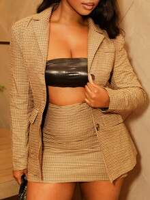 Chea Andrea 秋冬女式前扣长袖翻领衬衫和及膝裙套装 - 棕色 - 查看 5