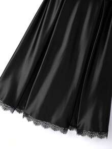 GlowEve CURVE Elegant Satin Button Waist Belt Contrast Lace Plus Size Dress For Women - Black - View 7