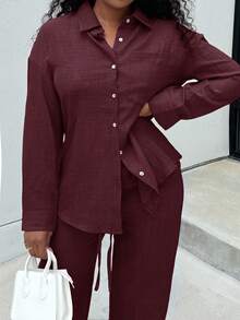 Alexandranx 2026春夏新款女士两件套，日常休闲家居服，海滩度假装 - 长裤+长袖衬衫套装，早午餐装，音乐节套装，优雅女士两件套夏季套装，商务休闲女士套装 - 酒紅色 - 查看 5