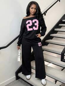 Alexandranx 2件套女士休闲数字印花长袖上衣和长裤套装 - 黑色 - 查看 3