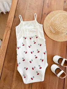 SHEIN LMoss Kids LMoss 女婴休闲夏季针织樱桃图案连体衣套装，开裆设计，3 件套 - 彩色 - 查看 2