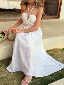 Livesso Beach Party Holiday Outfit Summer 100% Cotton White Halter Midi Dress For Women - Beige - View 6