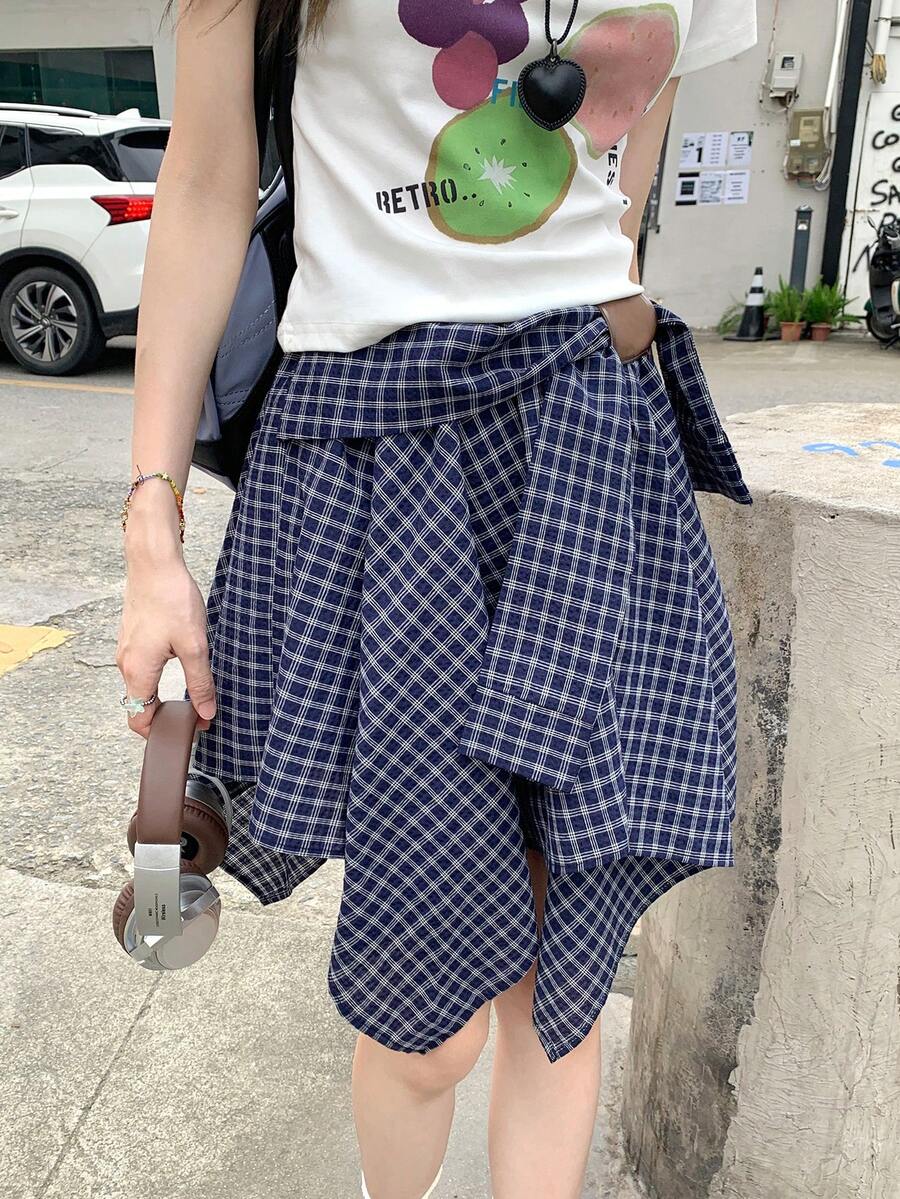 K-Vae Women's Casual Asymmetrical Plaid Mini Skirt - Blue - View 1