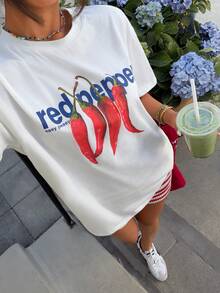 Muchica 女士圆领字母辣椒印花短袖上衣和短裤两件套休闲套装 - 彩色 - 查看 4