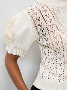 Maija Crew Neck Fashionable Loose Petal Sleeve Hollow Out Knit Top Chic And Cool Beach Outfits Princess Sleeve A Versatile Young Girl Spring Summer - Apricot - View 2