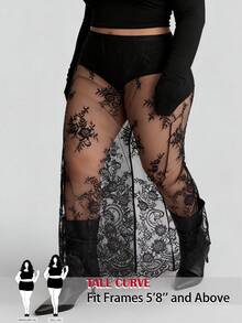 SHEIN Tall CURVE 大码性感透视蕾丝半身裙，夏季 - 黑色 - 查看 3