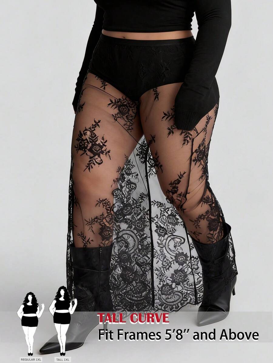 SHEIN Tall CURVE 大码性感透视蕾丝半身裙，夏季 - 黑色 - 查看 1