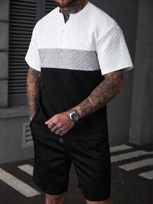 SLATEMANN 男士两件套T恤短裤套装，圆领，撞色设计，时尚夏季男士两件套短裤套装，男士夏季服装，男士T恤套装，男士两件套，男士两件套，男士复古风，日常休闲，周末旅行，户外活动，探险旅行，轻松的工作环境或半正式场合，男友/丈夫礼物，周年纪念/生日礼物，派对，夏季假期，婚礼，春夏，复活节，男士时尚撞色Polo衫短袖提花上衣，男士休闲夏季造型，男士黑白套装，男士夏季运动服，男士休闲两件套，男士街头服饰套装，男士黑色短裤套装 - 彩色 - 查看 4