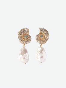 Opalesca 1 Pair Unique Luxury Rhinestone Inlaid Seashell & Baroque Pearl Pendant Earrings, Fashionable Versatile Elegant Earrings - Multicolor - View 2