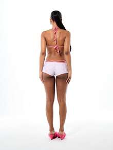 BABYPHAT 女士粉色蛇纹高腰比基尼短裤，撞色滚边细节，夏季泳装下装 - 粉色 - 查看 7