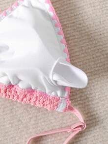 SHEIN Bộ đồ bơi mùa hè cho bé gái, kiểu dáng mềm mại, có sọc, cổ yếm buộc dây, 2 món/bộ, đồ bơi hai mảnh màu hồng nhạt cho thiếu nữ, bộ bikini màu hồng nhạt, bộ bikini kín đáo, bộ bikini tam giác. - Hồng - Xem 5